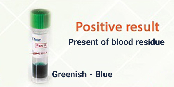 Greenish-blue color of RRS hemo test kit in the presence of blood on the instrument surface